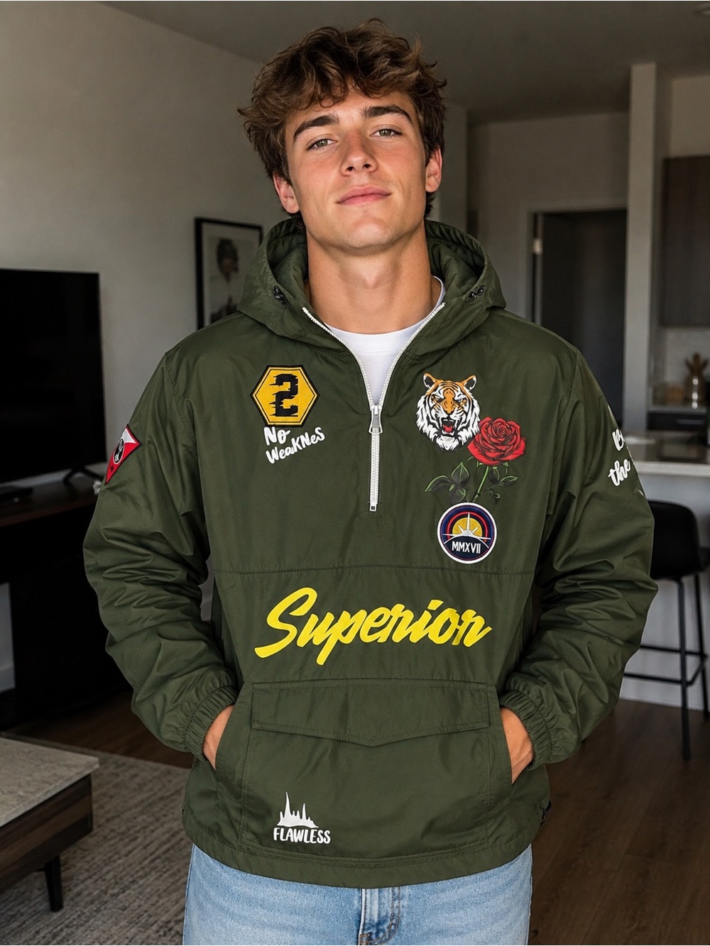 Black Pike Nylon Jacket Superior Flawless Tiger Green Pull Over 1/4 Zip